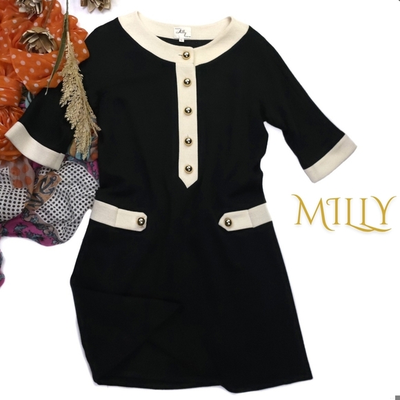 Milly Dresses & Skirts - Milly Black Dress with Cream Accents and Gold Buttons Sz L